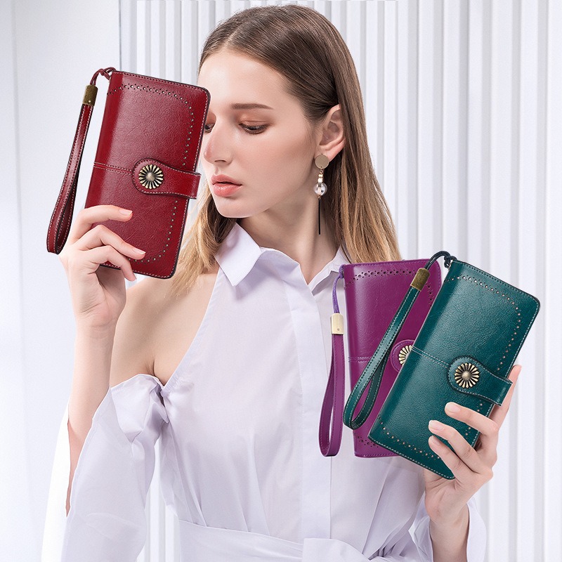 colorful leather wallet for women, genuine cow split leather, rfid blocking, wholesale