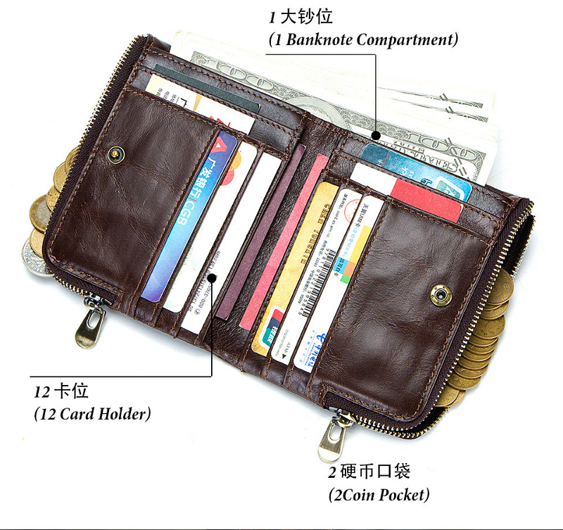 genuine cowhide leather wallet, rfid blocking, double zip coin pocket, card holder, wholesale