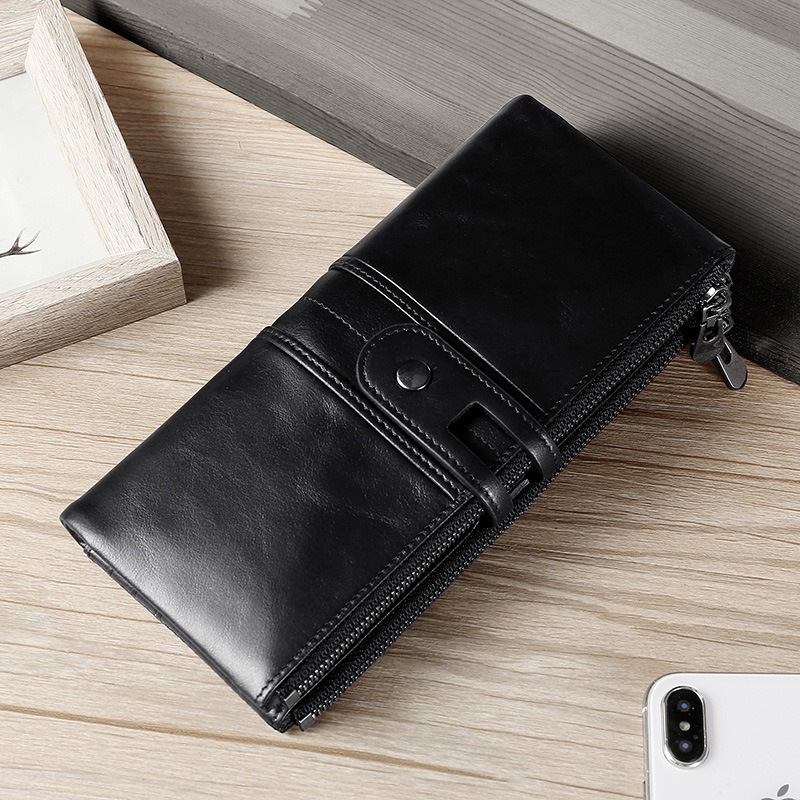 black genuine first-layer cowhide leather wallet for women, rfid blocking, zip pocket, id window, card holder, banknote pocket, wholesale