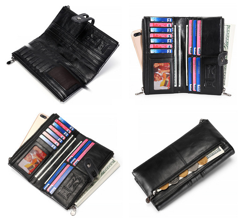 black genuine first-layer cowhide leather wallet for women, rfid blocking, zip pocket, id window, card holder, banknote pocket, wholesale