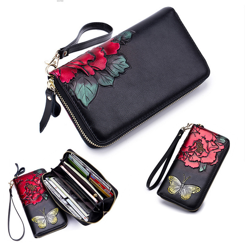 rose & butterfly embossing genuine leather clutch wallet, rfid blocking, lady, women, wholesale