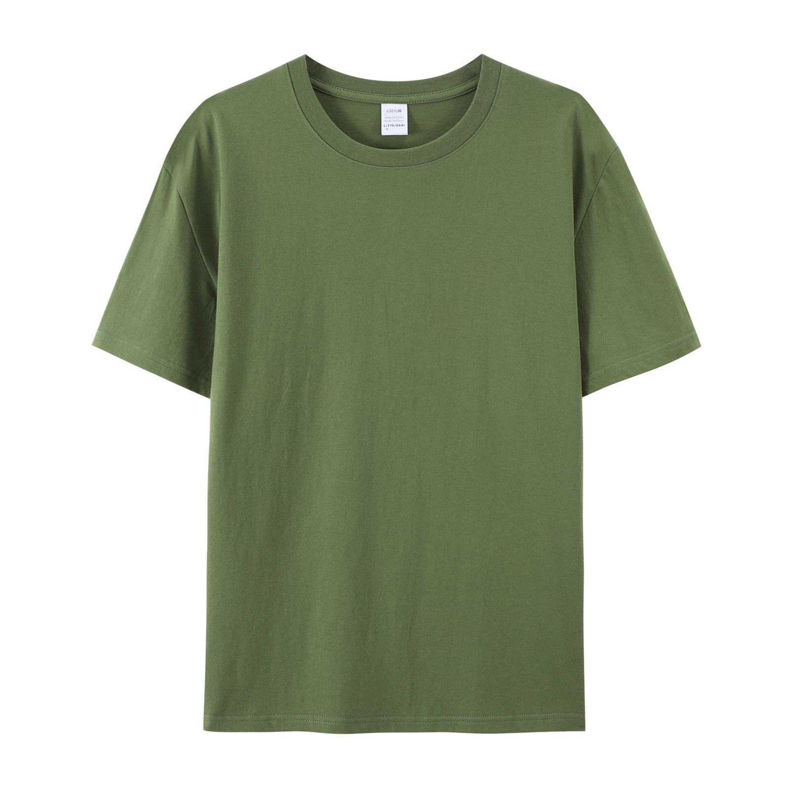 pure 100% cotton T-shirt white short sleeve crew neck army green