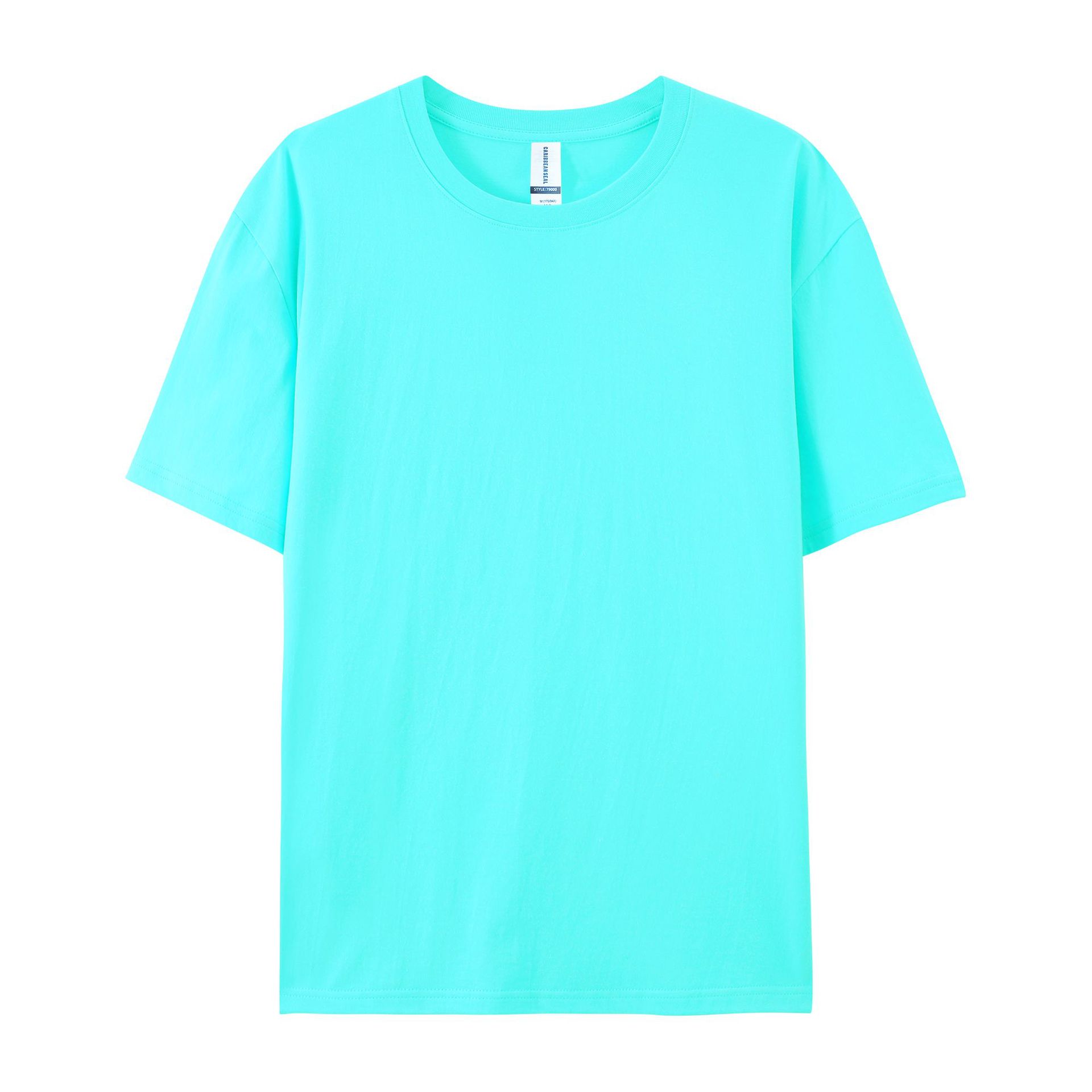 pure 100% cotton T-shirt white short sleeve crew neck aqua blue